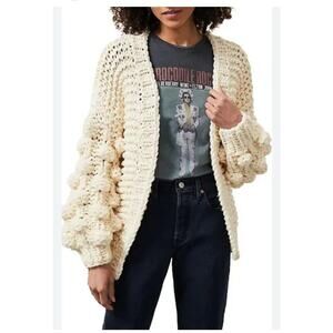 Amarillys Women's Chunky Knit Cardigan Pompom Balloon Sleeves Sweater Beige XS/S